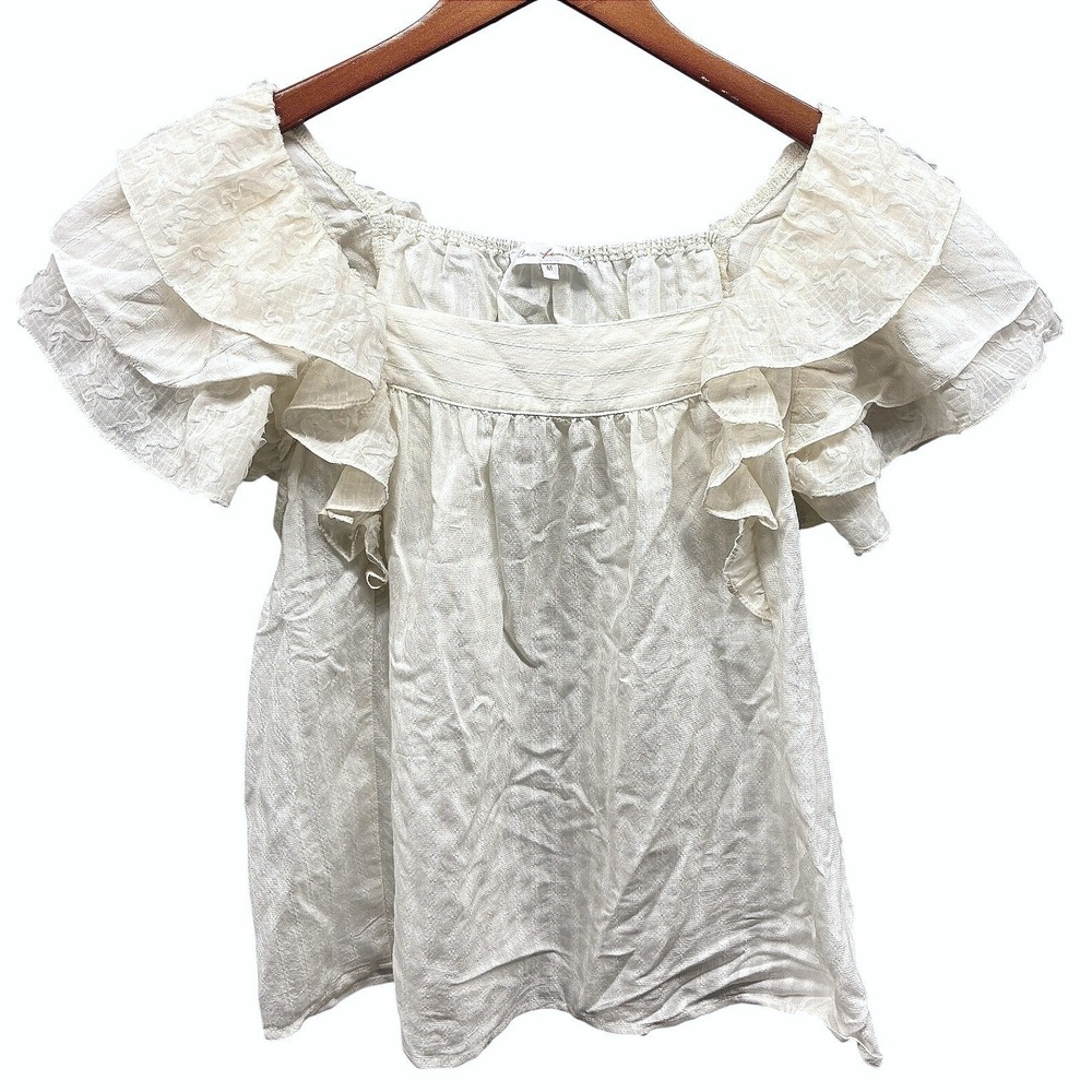 Ces Femme Flutter Sleeve Blouse Womens M Cream Ruffle Scoop Neck Bohemian
